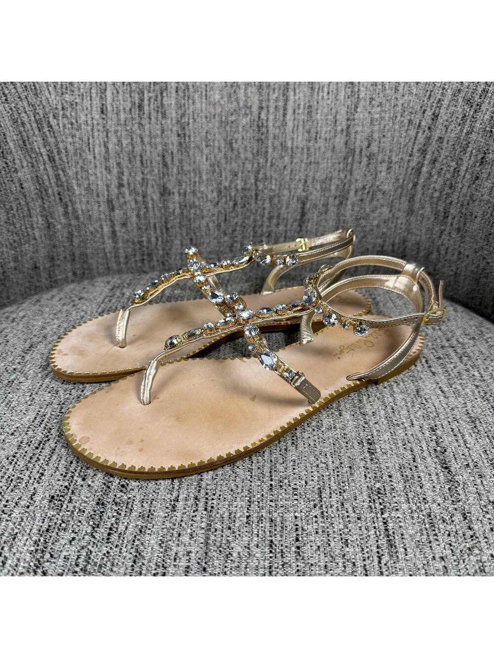 Lilly Pulitzer Katie Sandals Womens 8 Gold Rhinestone Jeweled T Strap Sandals